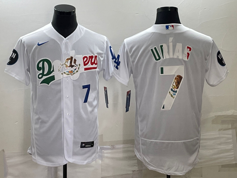 Men's Los Angeles Dodgers #7 Julio Urías White With Vin Scully Patch Flex Base Stitched Baseball Jersey